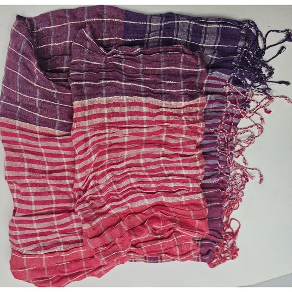 Handwoven Gradient Checkered Scarf With Fringe Pink Purple Lightweight 15x68" - Picture 3 of 6